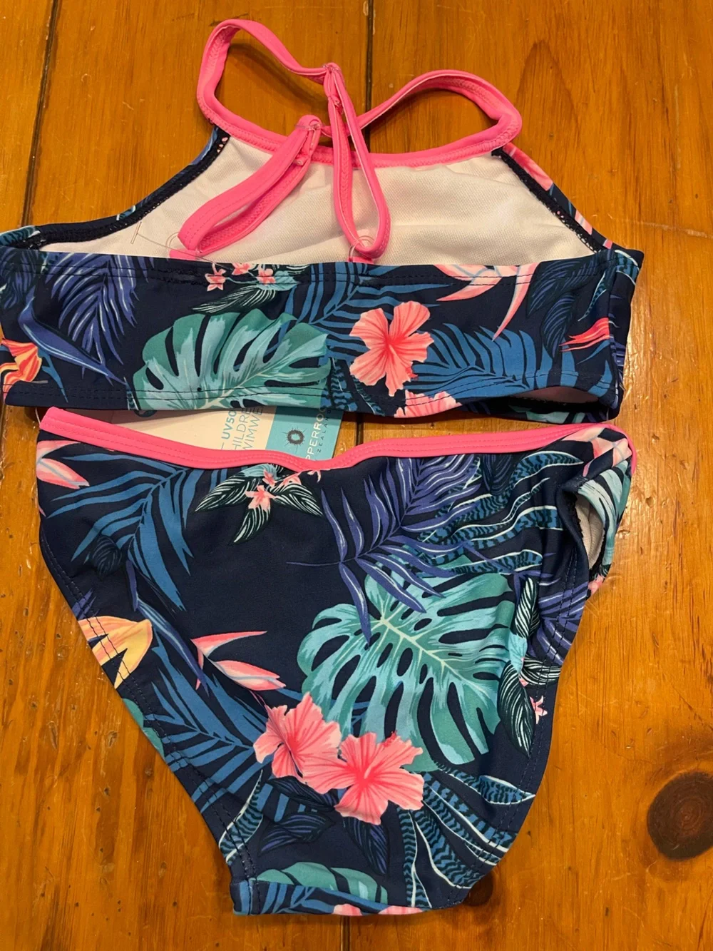 Snapper Rock Girls Navy Tropical Floral Two-Piece Bikini with Pink Trim